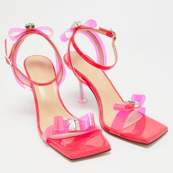 Mach & Mach Neon Pink PVC and Patent Leather French Bow Square Sandals Size 38.5 - Picture 4 of 4